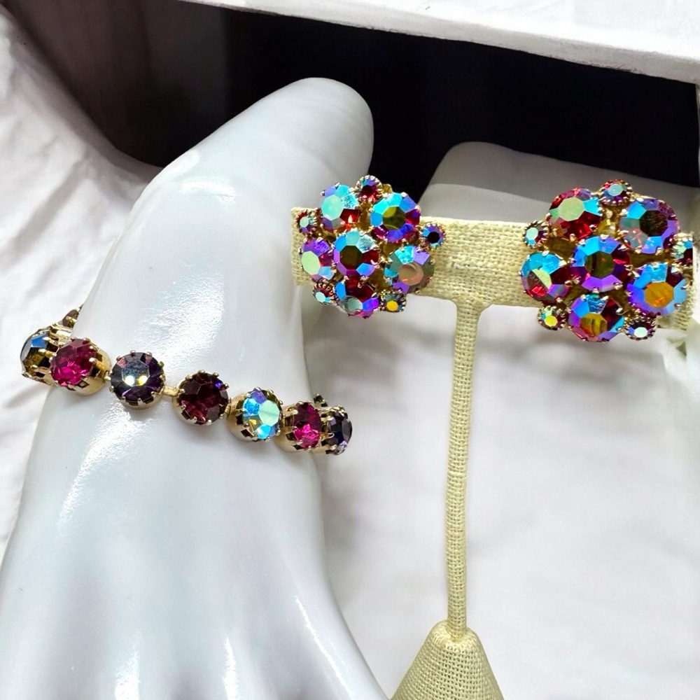 Vintage AB Purple Weiss Clip On Earrings & KARU Pink/Purple Rhinestone Bracelet